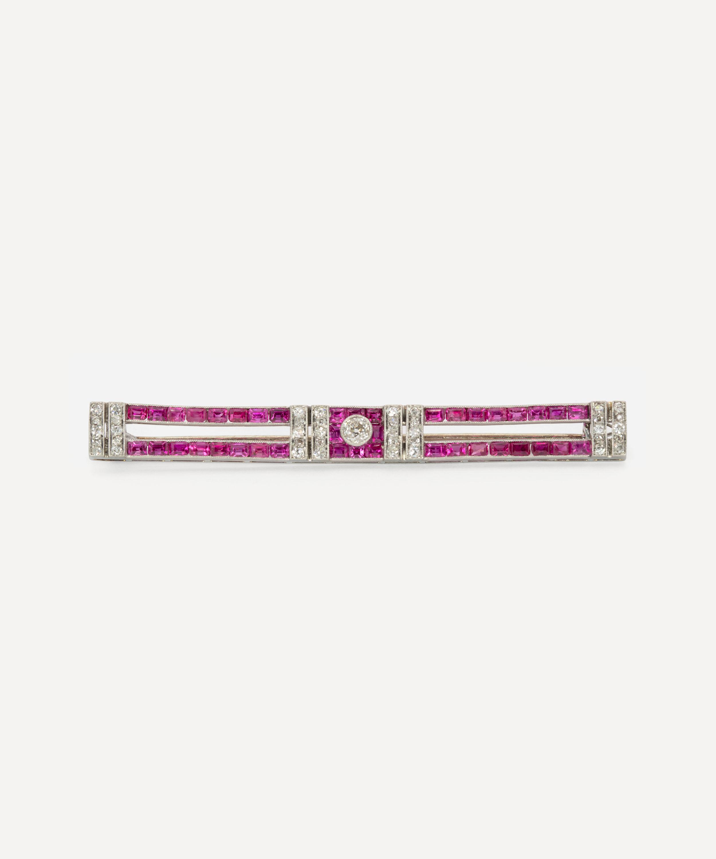 Kojis - Platinum 1920s Art Deco Ruby and Diamond Bar Brooch image number 