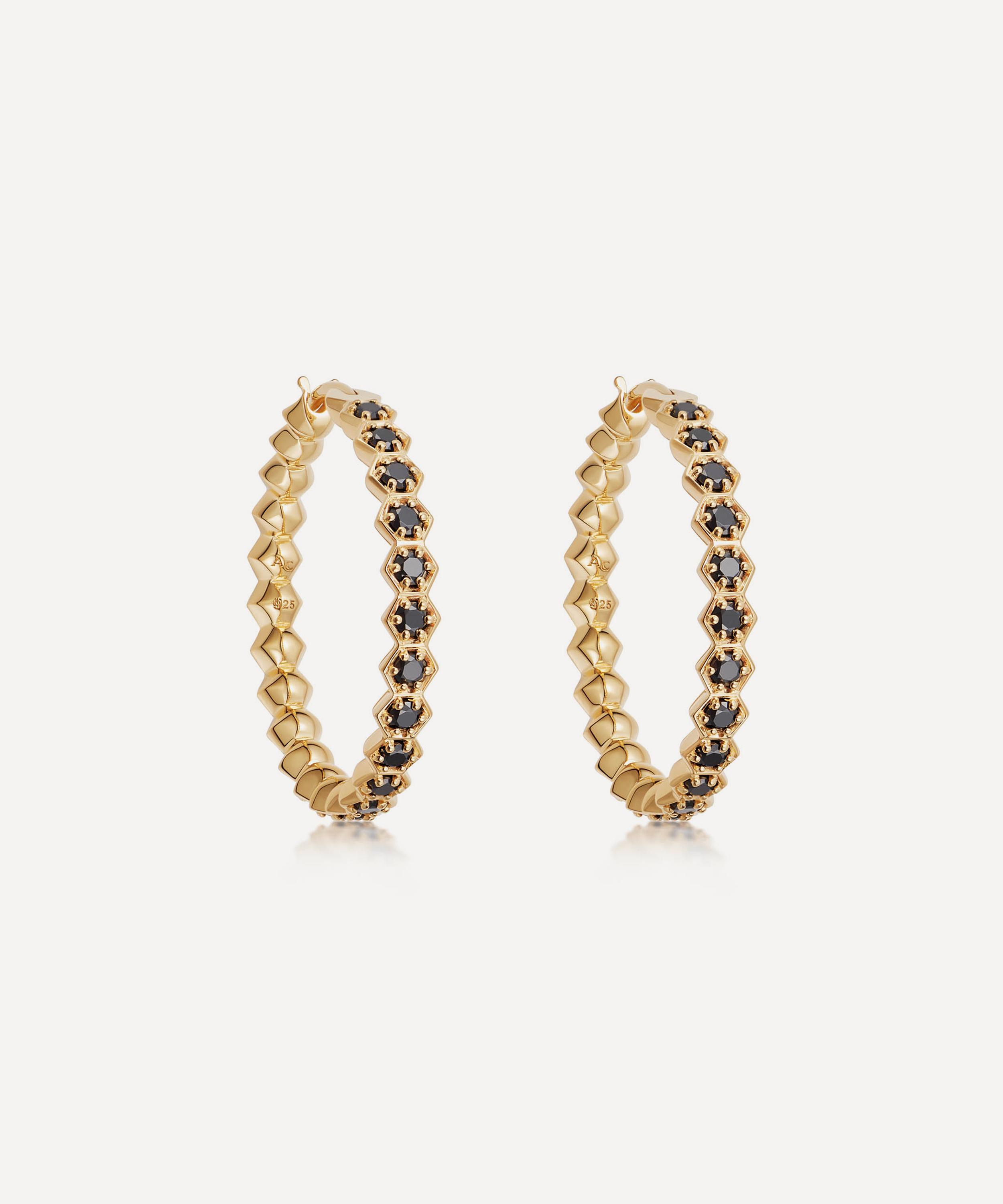 Astley Clarke - Gold Plated Vermeil Silver Large Deco Black Spinel Hoop Earrings image number 0