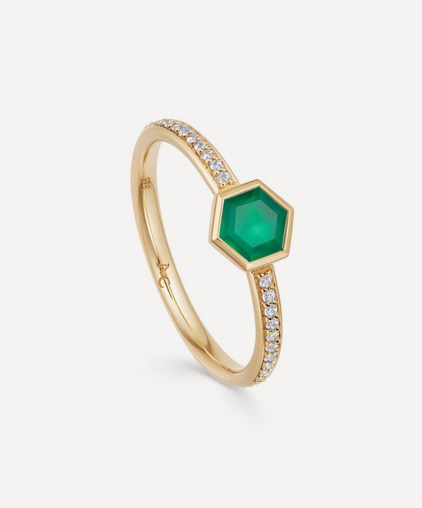 Astley Clarke - Gold Plated Vermeil Silver Mini Deco Green Agate and White Sapphire Ring image number null