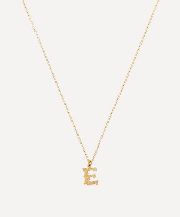 Alex Monroe - 18ct Gold Teeny Tiny Floral Letter E Alphabet Pendant Necklace image number null