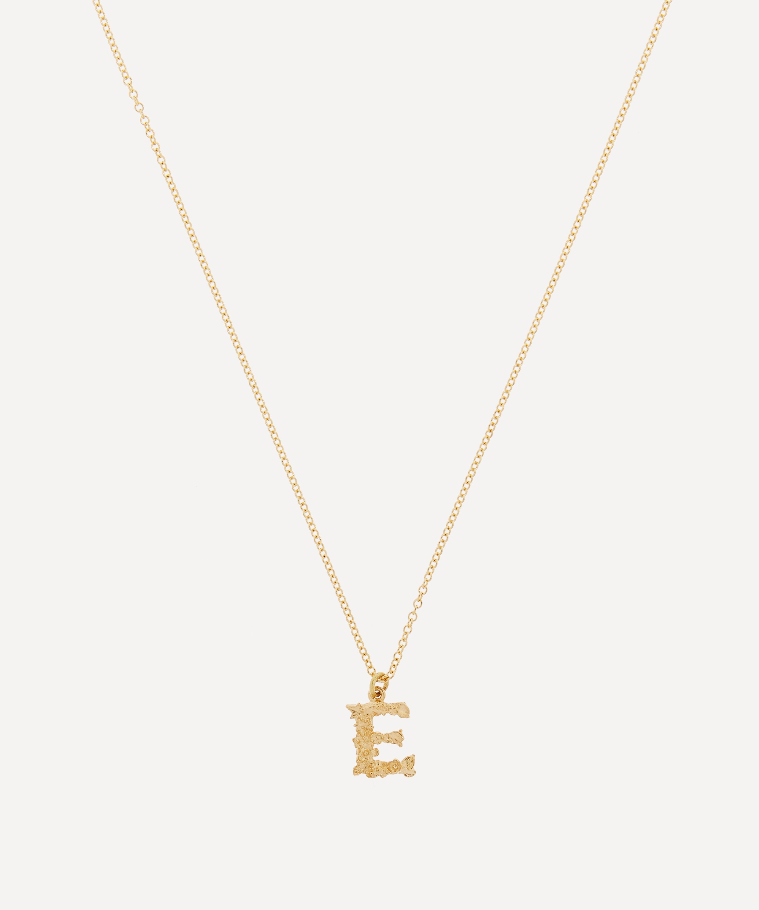Alex Monroe - 18ct Gold Teeny Tiny Floral Letter E Alphabet Pendant Necklace image number 0