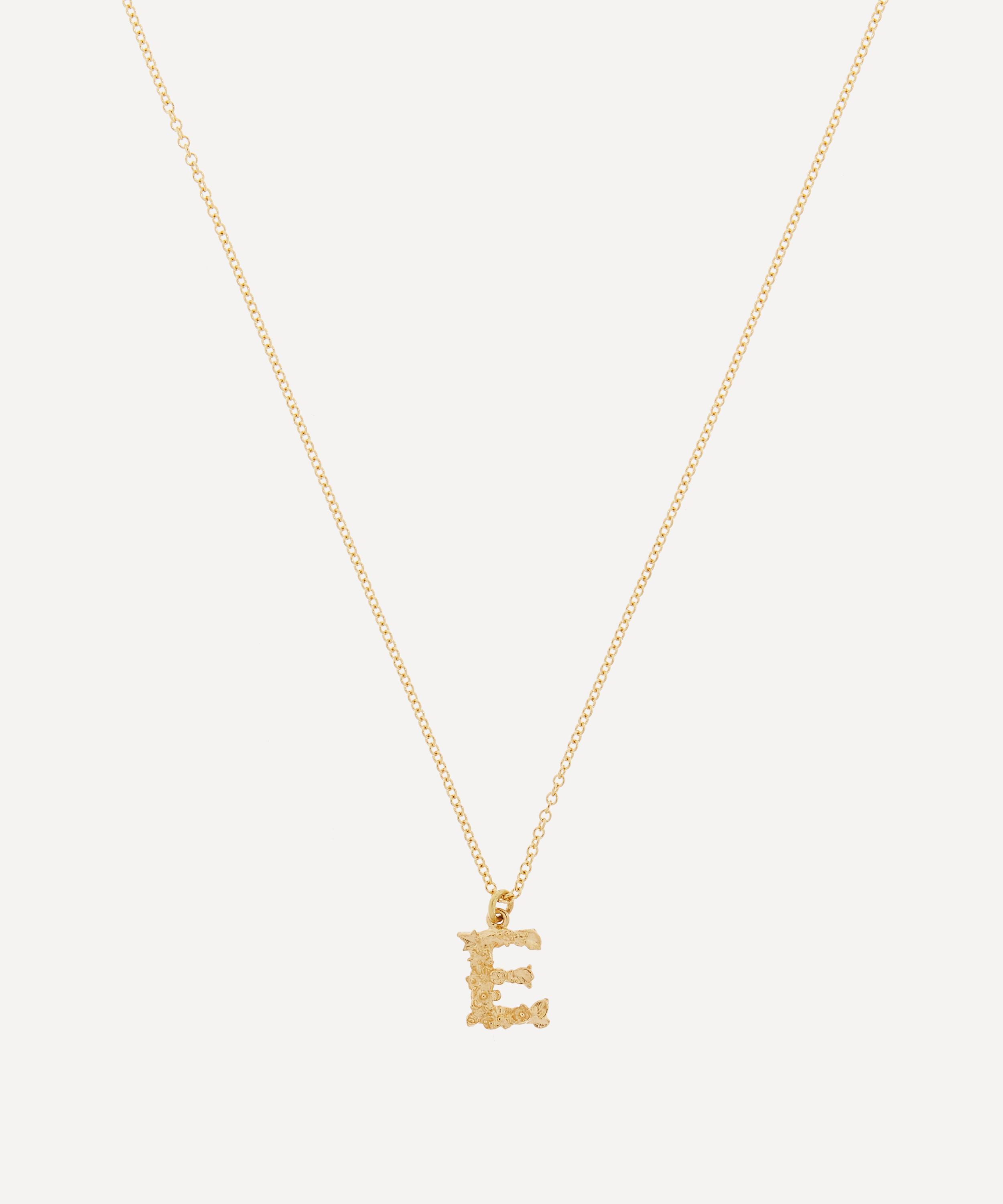 Alex Monroe - 18ct Gold Teeny Tiny Floral Letter E Alphabet Pendant Necklace image number 0