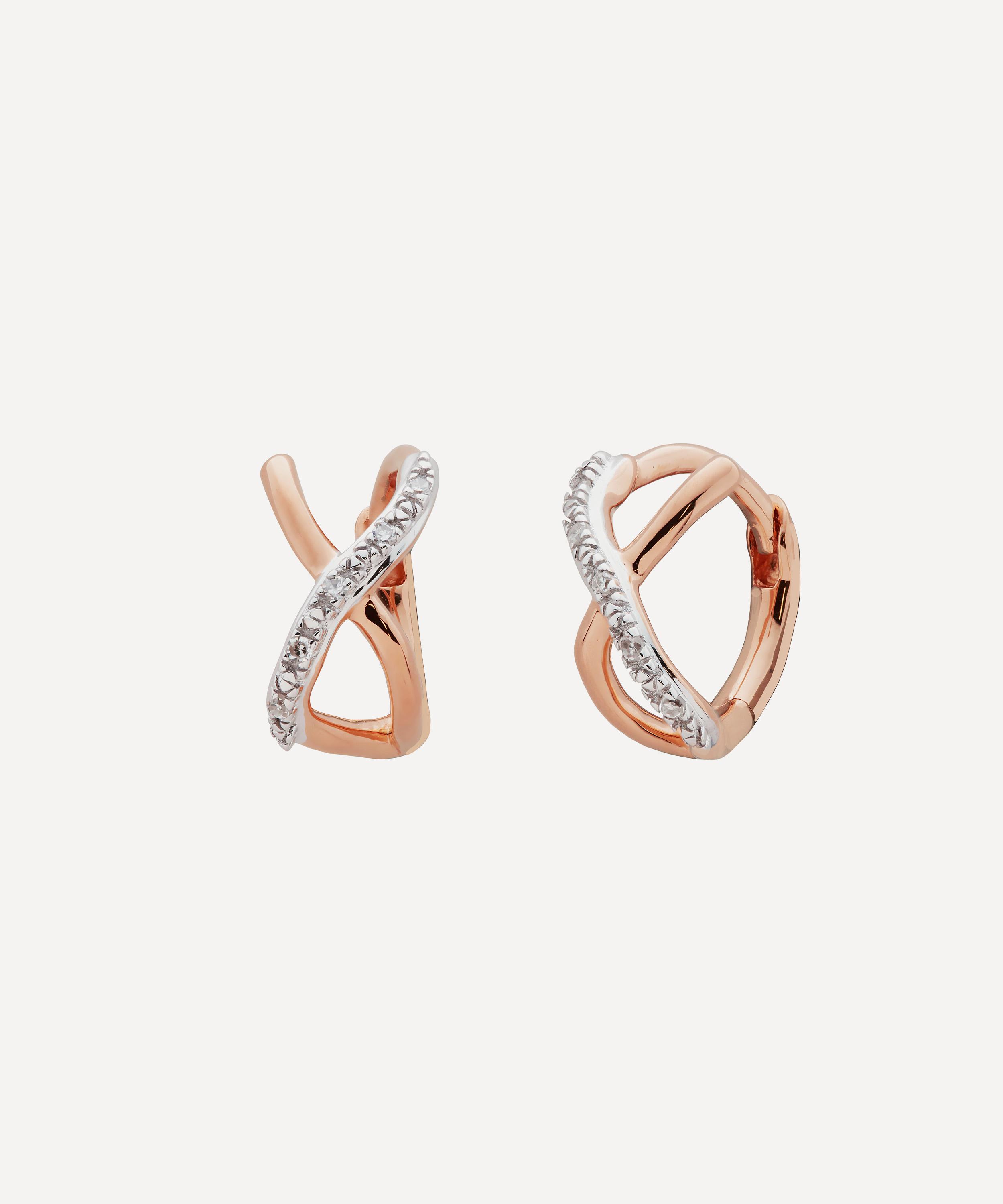 Monica Vinader - 18ct Rose Gold Plated Vermeil Silver Riva Crossover Diamond Huggie Hoop Earrings image number 0