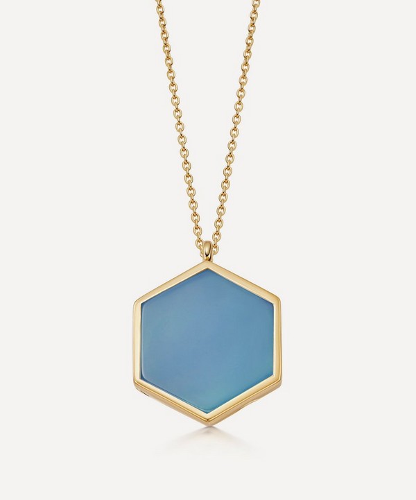 Astley Clarke - 18ct Gold Plated Vermeil Silver Deco Large Blue Agate Slice Locket Necklace image number null