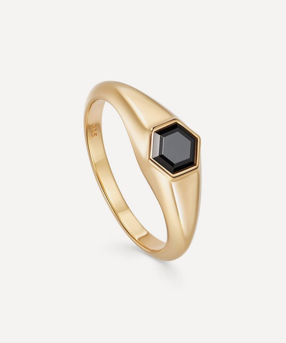 Astley Clarke - 18ct Gold Plated Vermeil Silver Mini Deco Black Spinel Signet Ring
