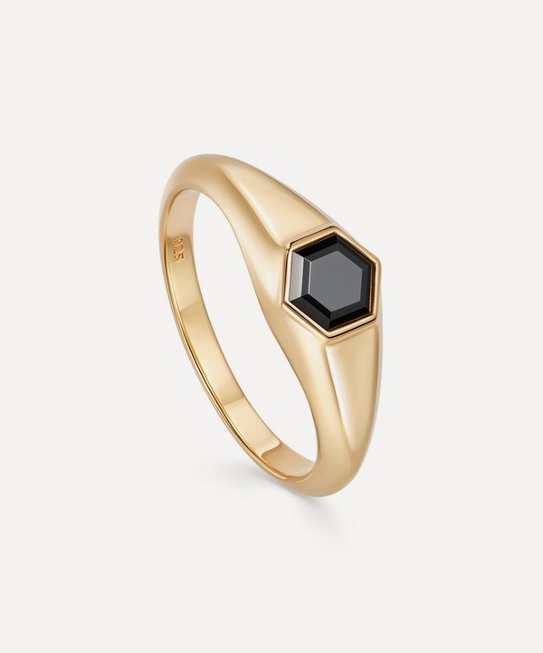 Astley Clarke - 18ct Gold Plated Vermeil Silver Mini Deco Black Spinel Signet Ring image number null