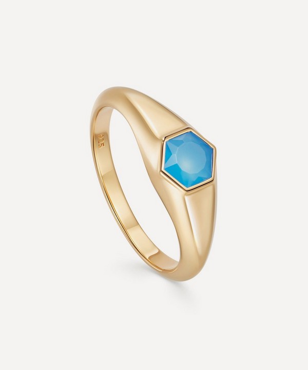 Astley Clarke - 18ct Gold Plated Vermeil Silver Mini Deco Blue Agate Signet Ring image number null