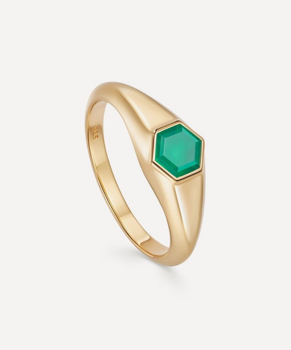 Astley Clarke - 18ct Gold Plated Vermeil Silver Mini Deco Green Agate Signet Ring image number null