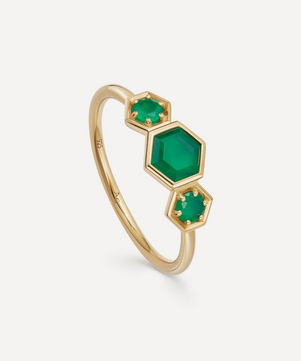 Astley Clarke - 18ct Gold Plated Vermeil Silver Deco Triple Green Agate Ring image number null