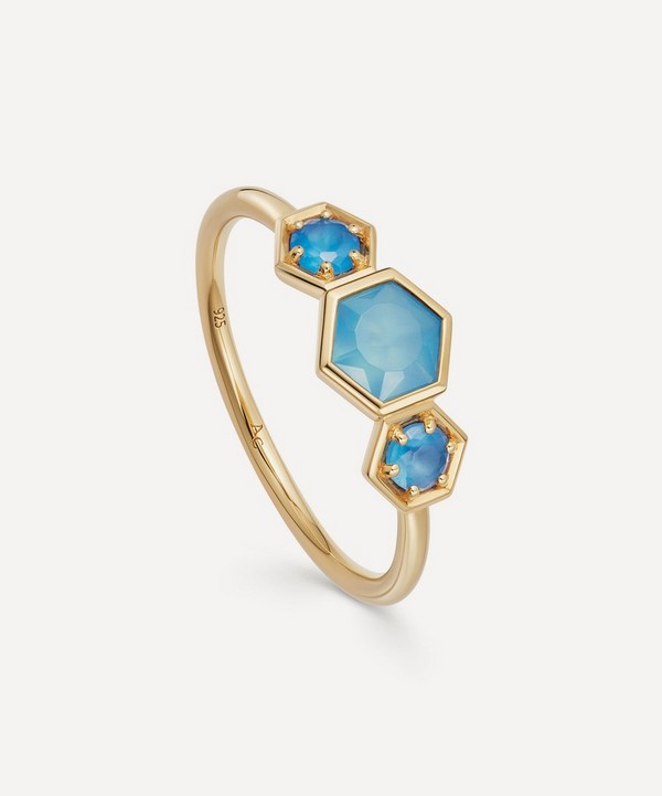 Astley Clarke - 18ct Gold Plated Vermeil Silver Deco Triple Blue Agate Ring image number null