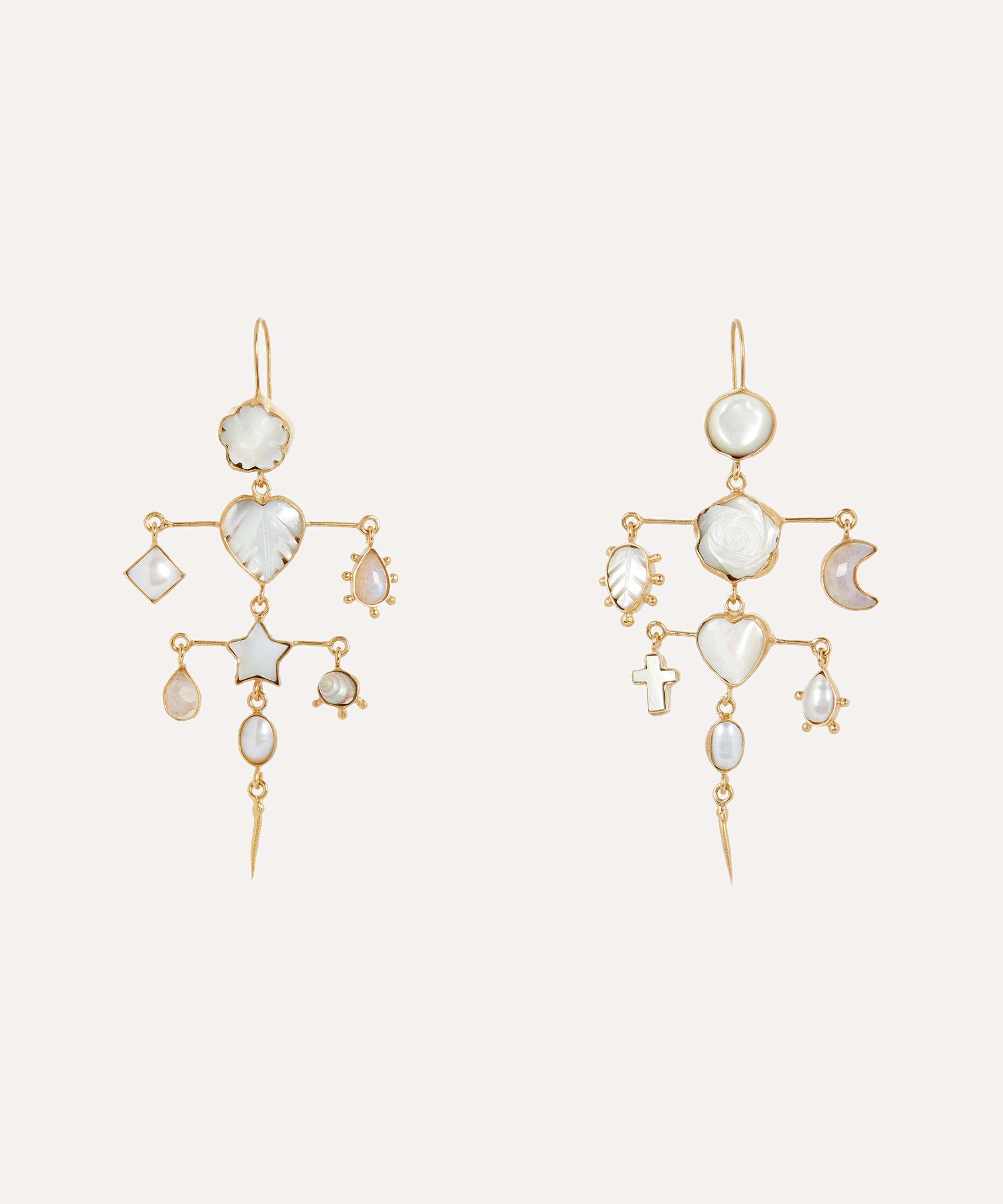 Grainne Morton - Gold-Plated Layered Asymmetric Multi-Stone Victorian Drop Earrings