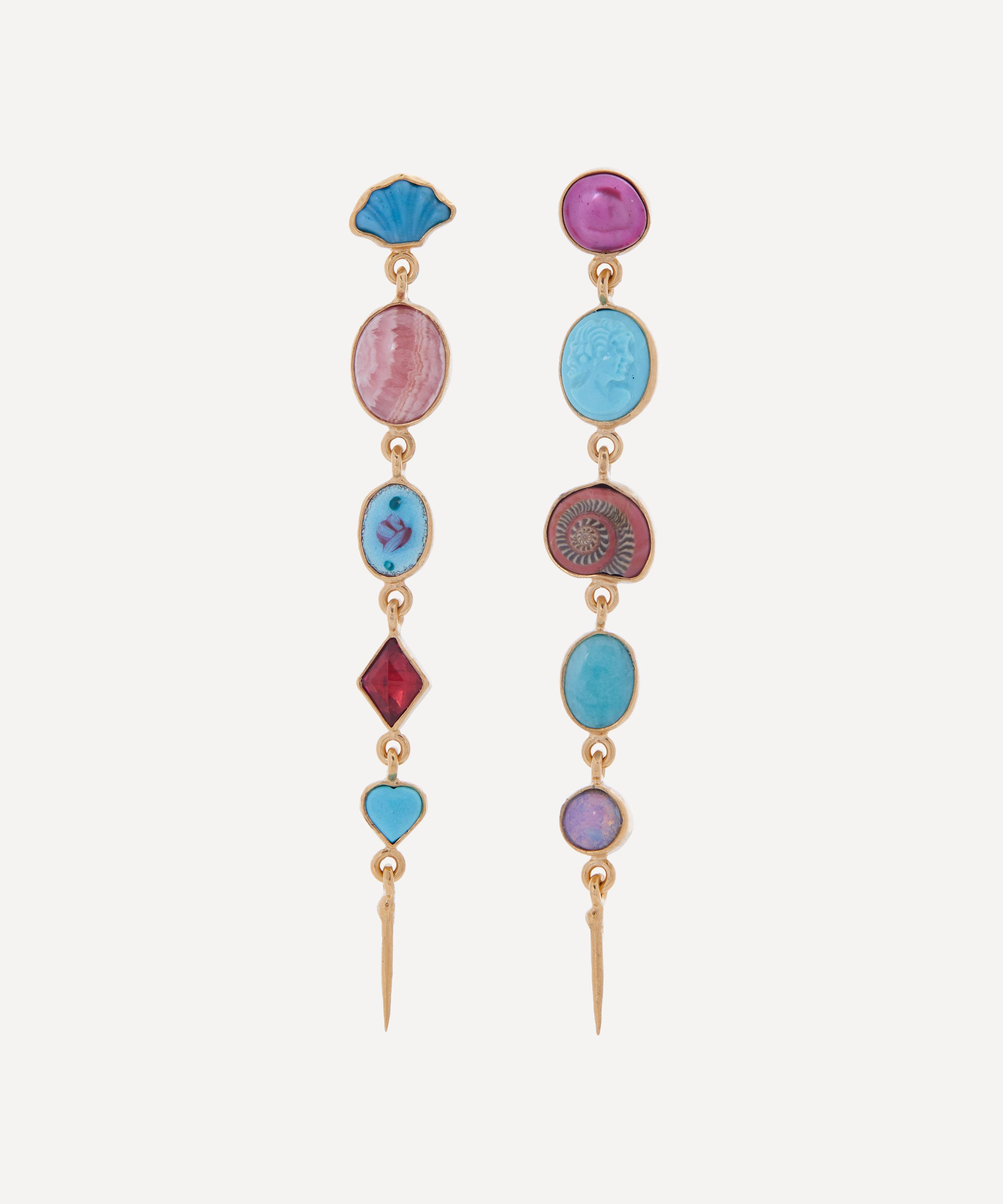 Grainne Morton - Gold-Plated Asymmetric Multi-Stone Five Charm Victorian Drop Earrings