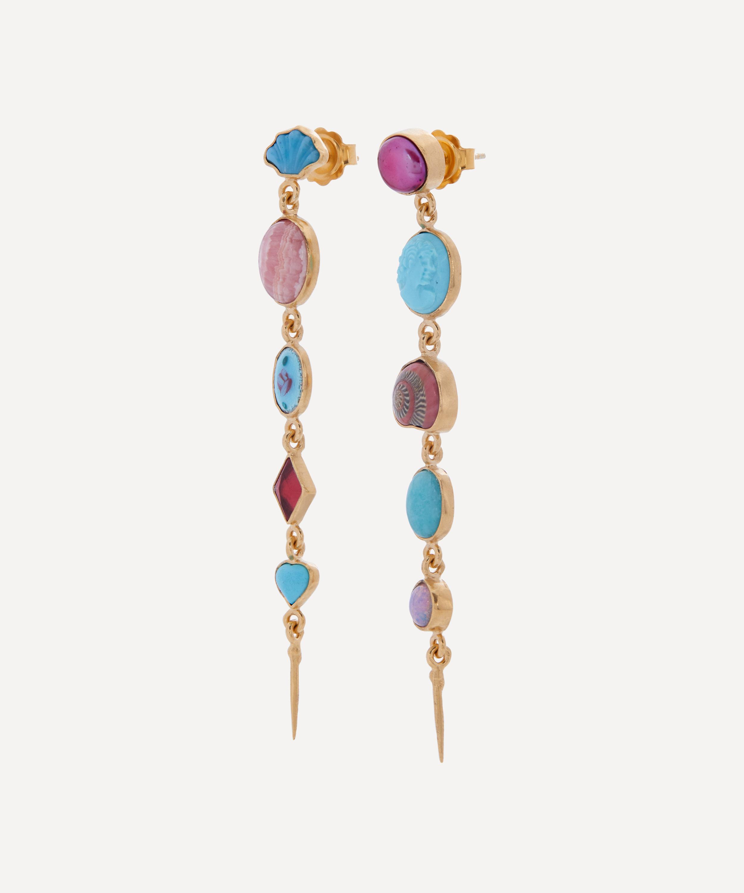 Grainne Morton - Gold-Plated Asymmetric Multi-Stone Five Charm Victorian Drop Earrings image number 2