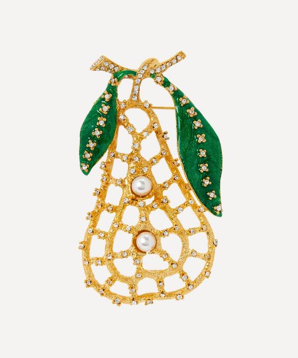 Kenneth Jay Lane - Gold-Plated Crystal and Faux Pearl Enamel Pear Brooch