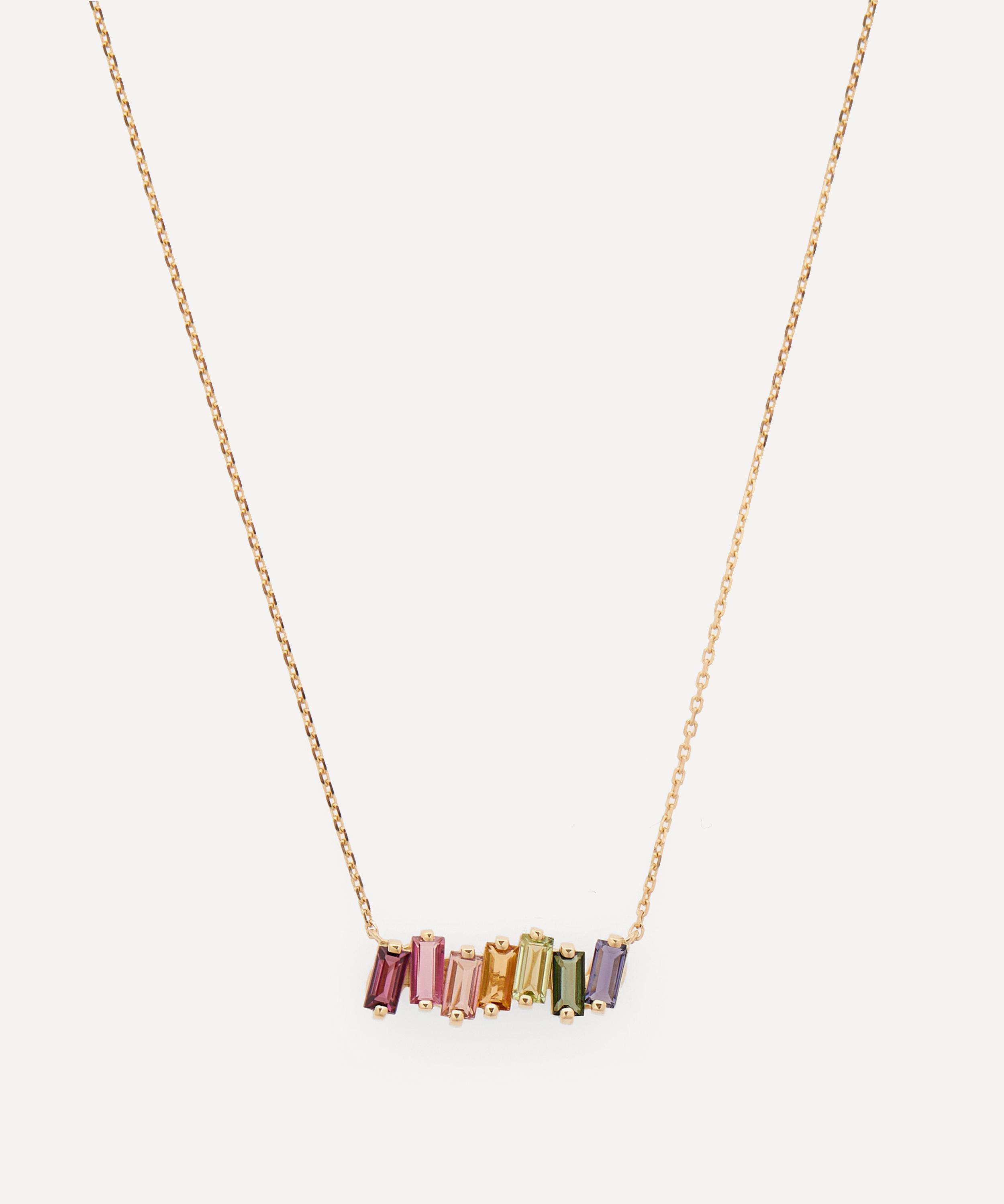 Suzanne Kalan - 14ct Gold Rainbow Multi-Stone Baguette Bar Pendant Necklace