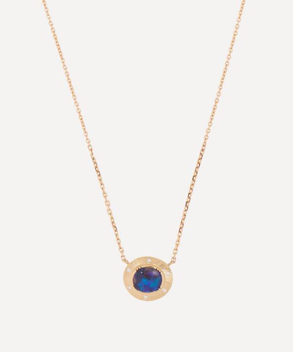 Brooke Gregson - 18ct Gold Engraved Starlight Black Opal and Diamond Pendant Necklace image number 0