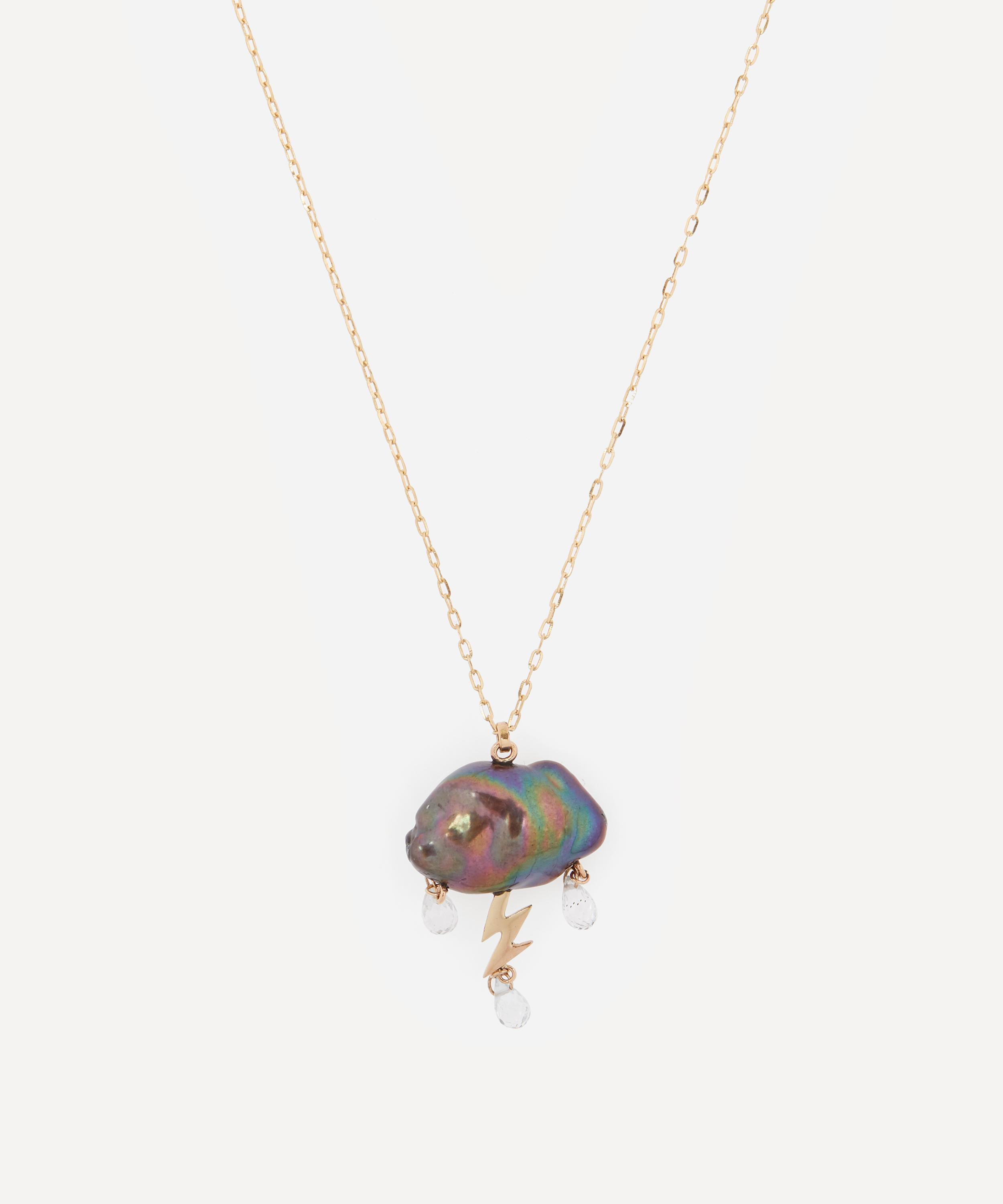 Rachel Quinn - 14ct Gold Petite Storm Cloud Peacock Pearl and White Topaz Pendant Necklace