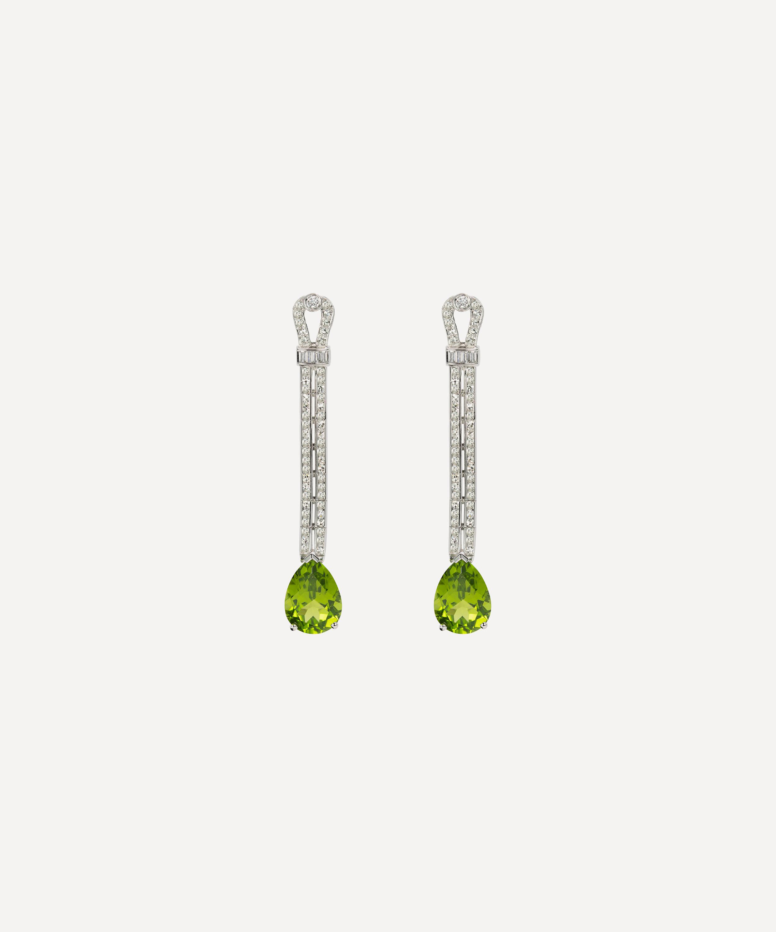 Kojis - Platinum Art Deco Peridot and Diamond Drop Earrings image number 