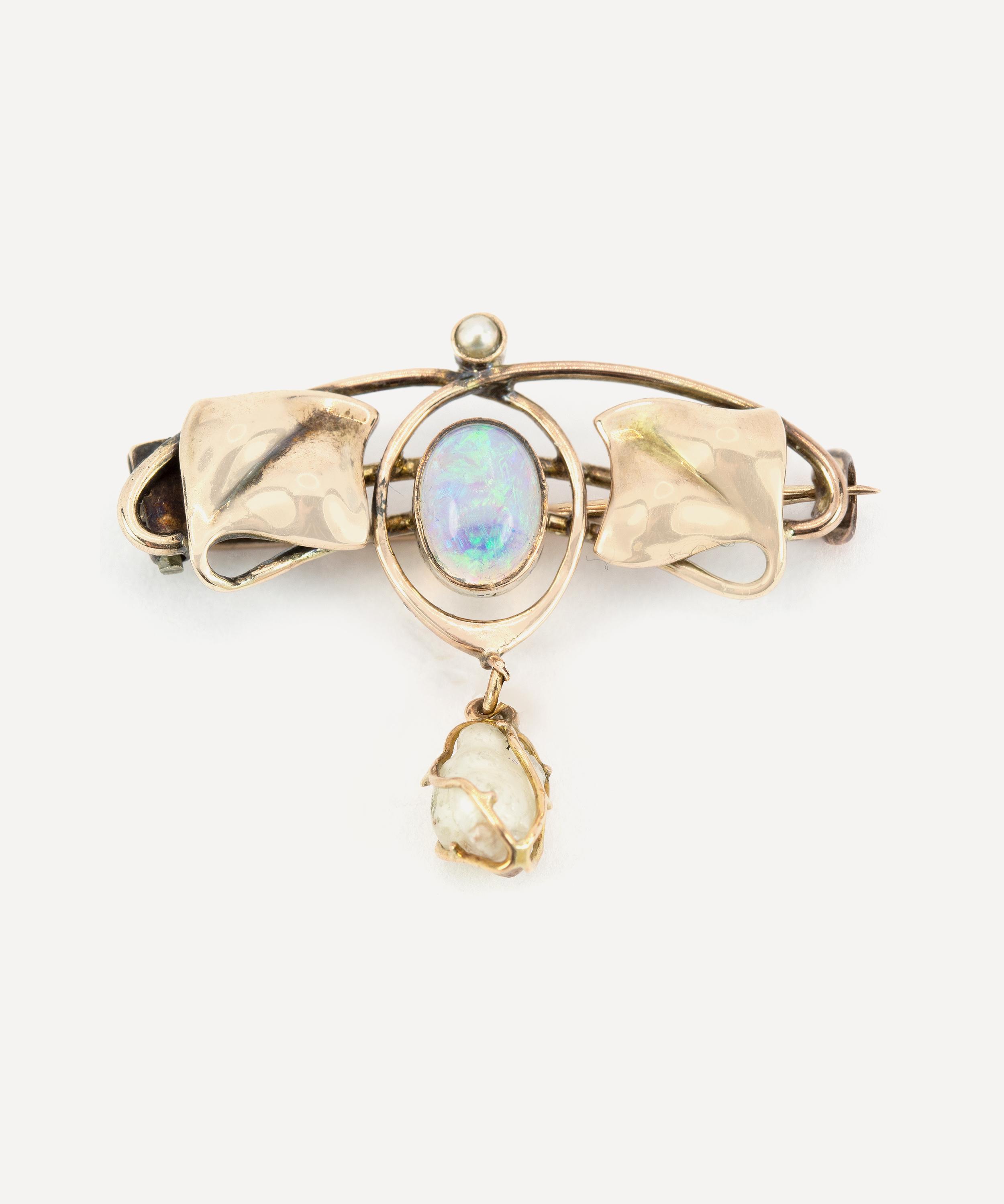 Kojis - 9ct Gold Arts and Crafts Opal and Pearl Leaf Brooch image number 0