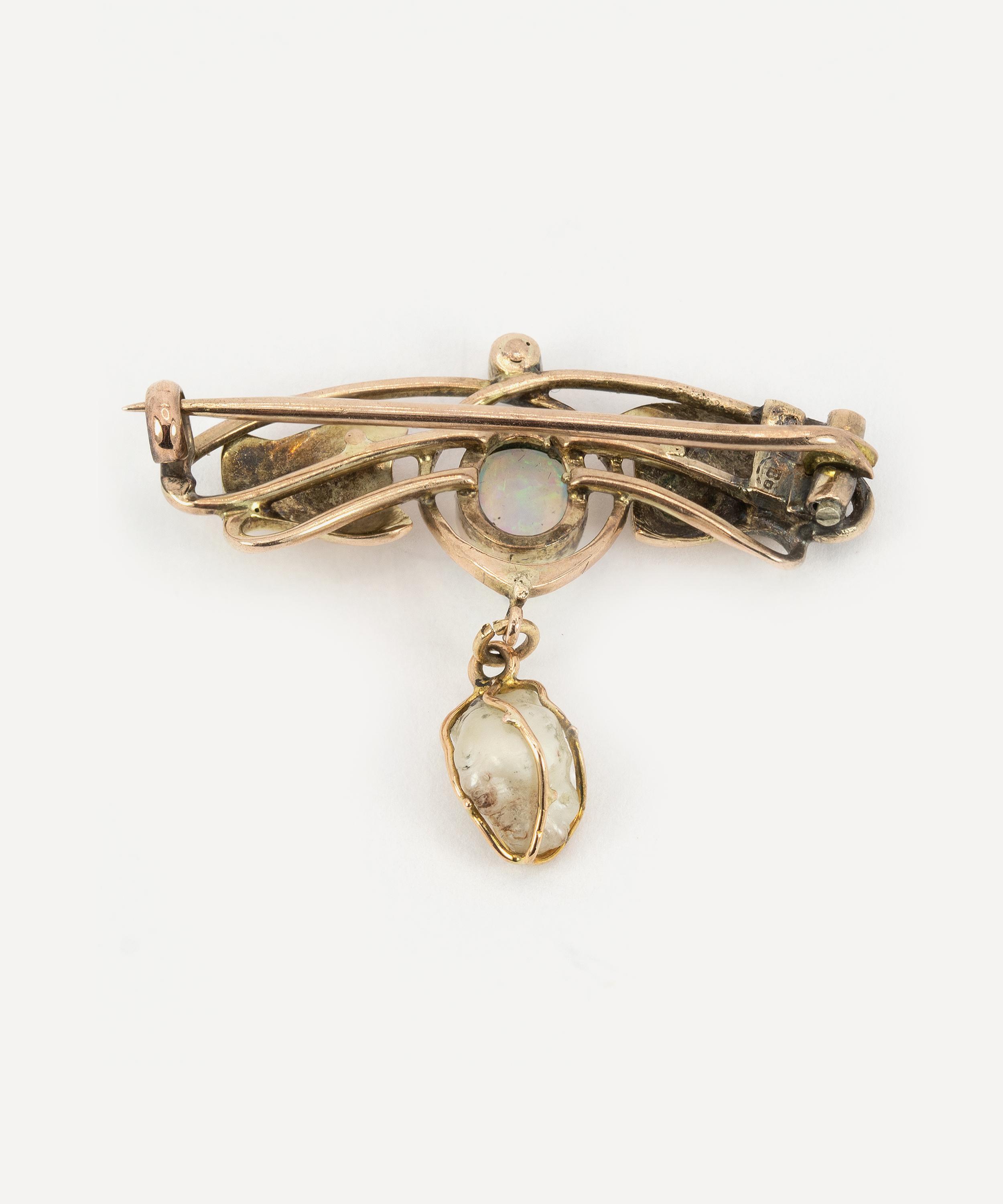 Kojis - 9ct Gold Arts and Crafts Opal and Pearl Leaf Brooch image number 3