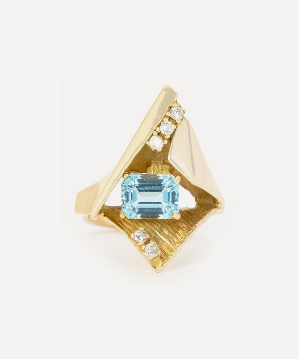Kojis - 14ct Gold Space Age Aquamarine and Diamond Cocktail Ring image number null
