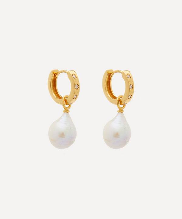 Shyla - Gold-Plated Tullia Crystal and Baroque Pearl Huggie Hoop Earrings image number 0