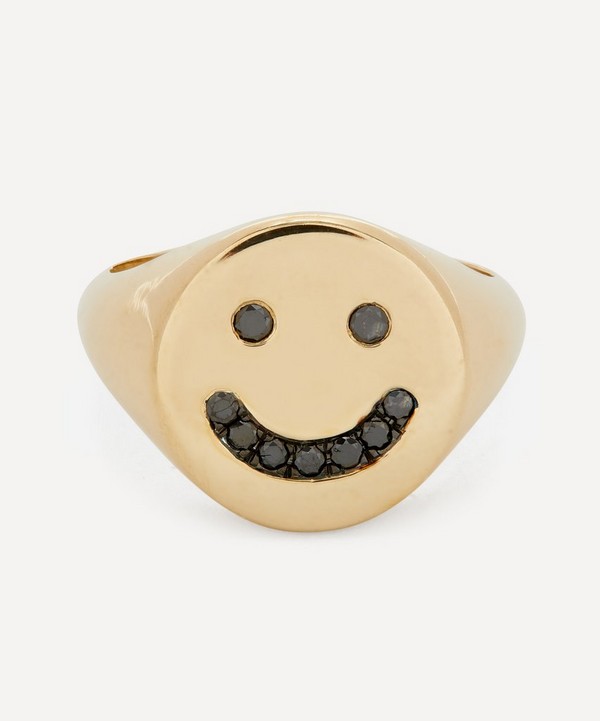 Roxanne First - 14ct Gold Black Diamond Smiley Signet Ring image number null
