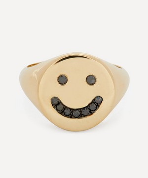 Roxanne First - 14ct Gold Black Diamond Smiley Signet Ring image number 0