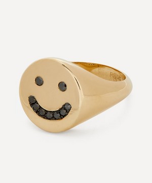 Roxanne First - 14ct Gold Black Diamond Smiley Signet Ring image number 2