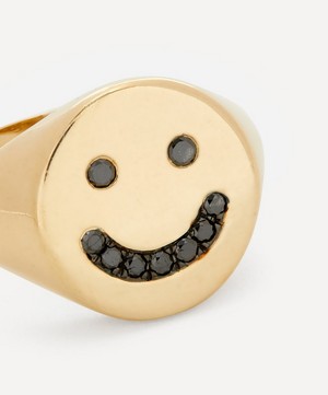 Roxanne First - 14ct Gold Black Diamond Smiley Signet Ring image number 3