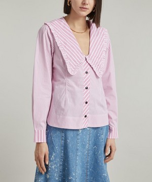 Ganni - Striped Cotton V-Neck Collar Shirt image number 1