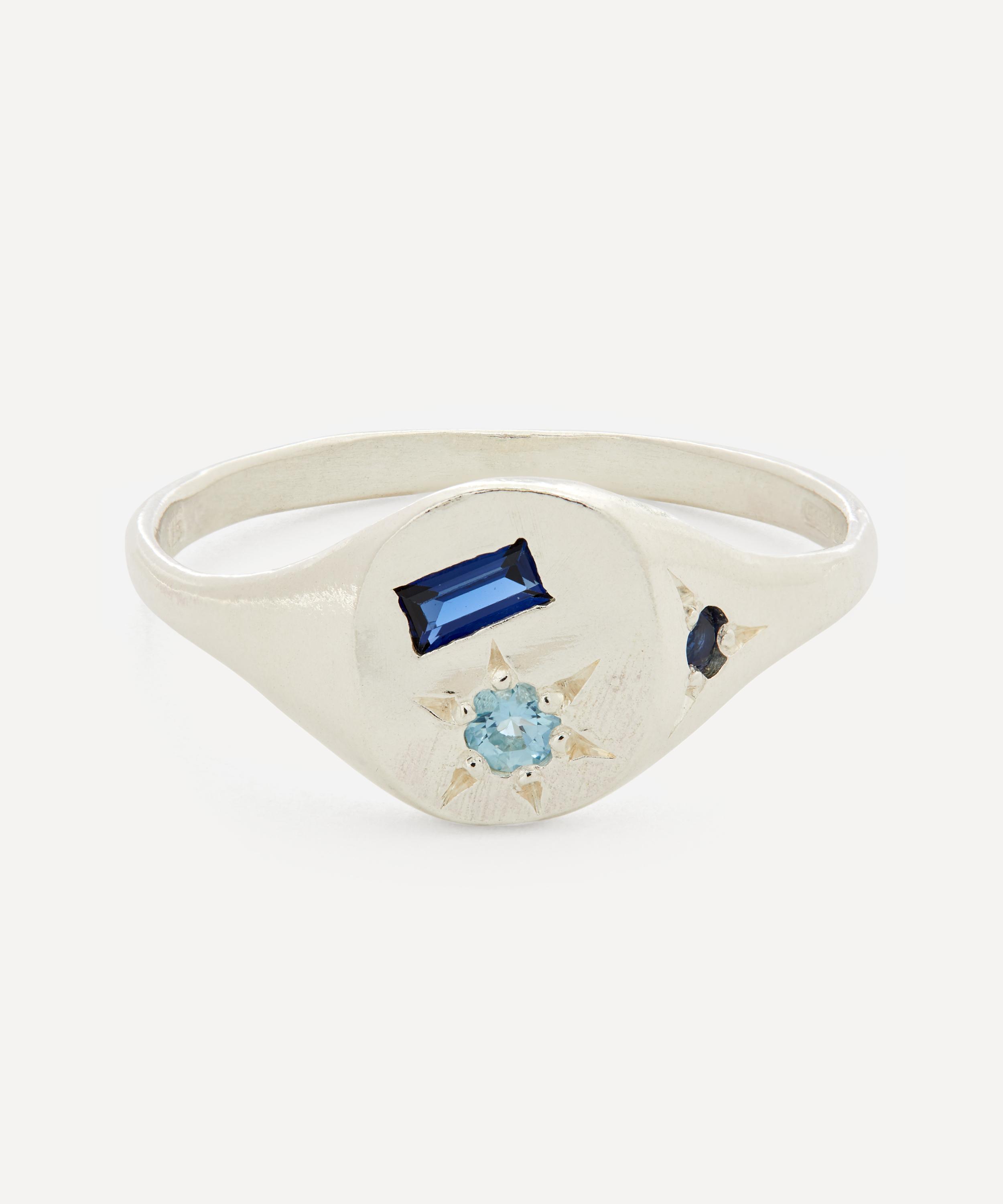Seb Brown - Silver Neapolitan Blue Sapphire and Aquamarine Signet Ring image number 