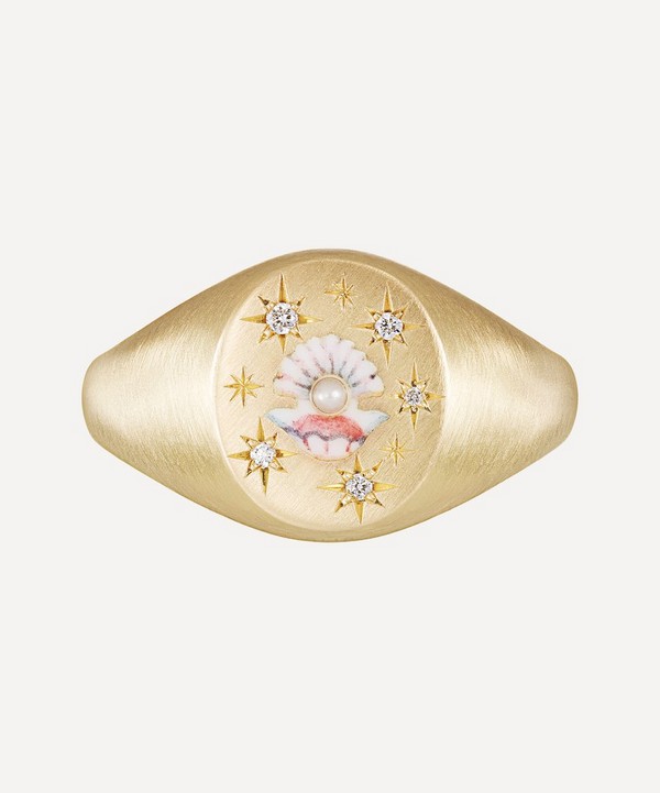 Cece Jewellery - 18ct Gold The Clam and Pearl Diamond Signet Ring image number null