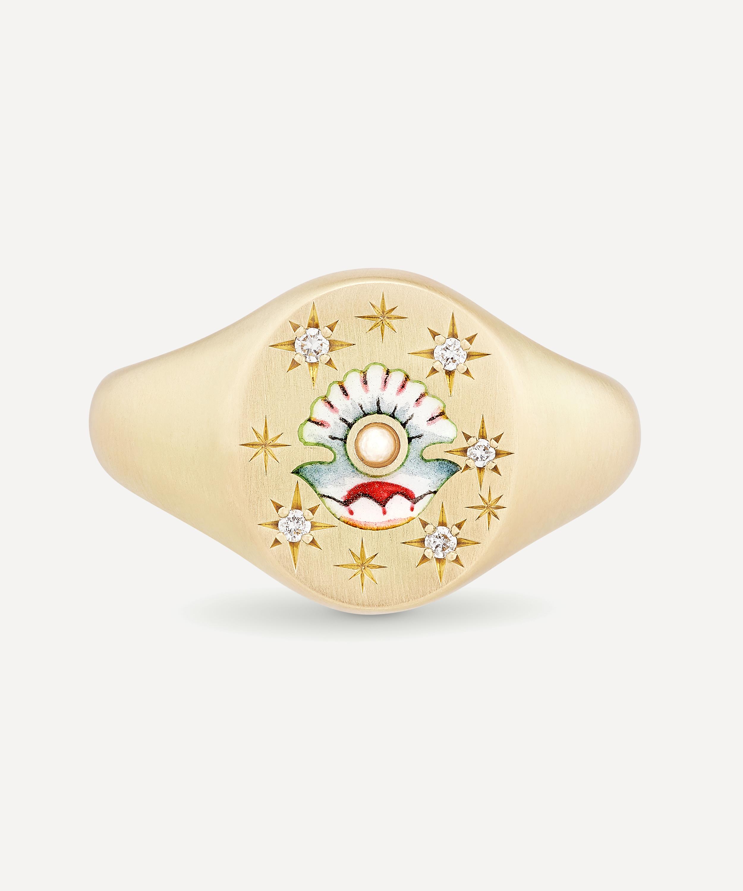 Cece Jewellery - 18ct Gold The Clam and Pearl Diamond Signet Ring image number 0