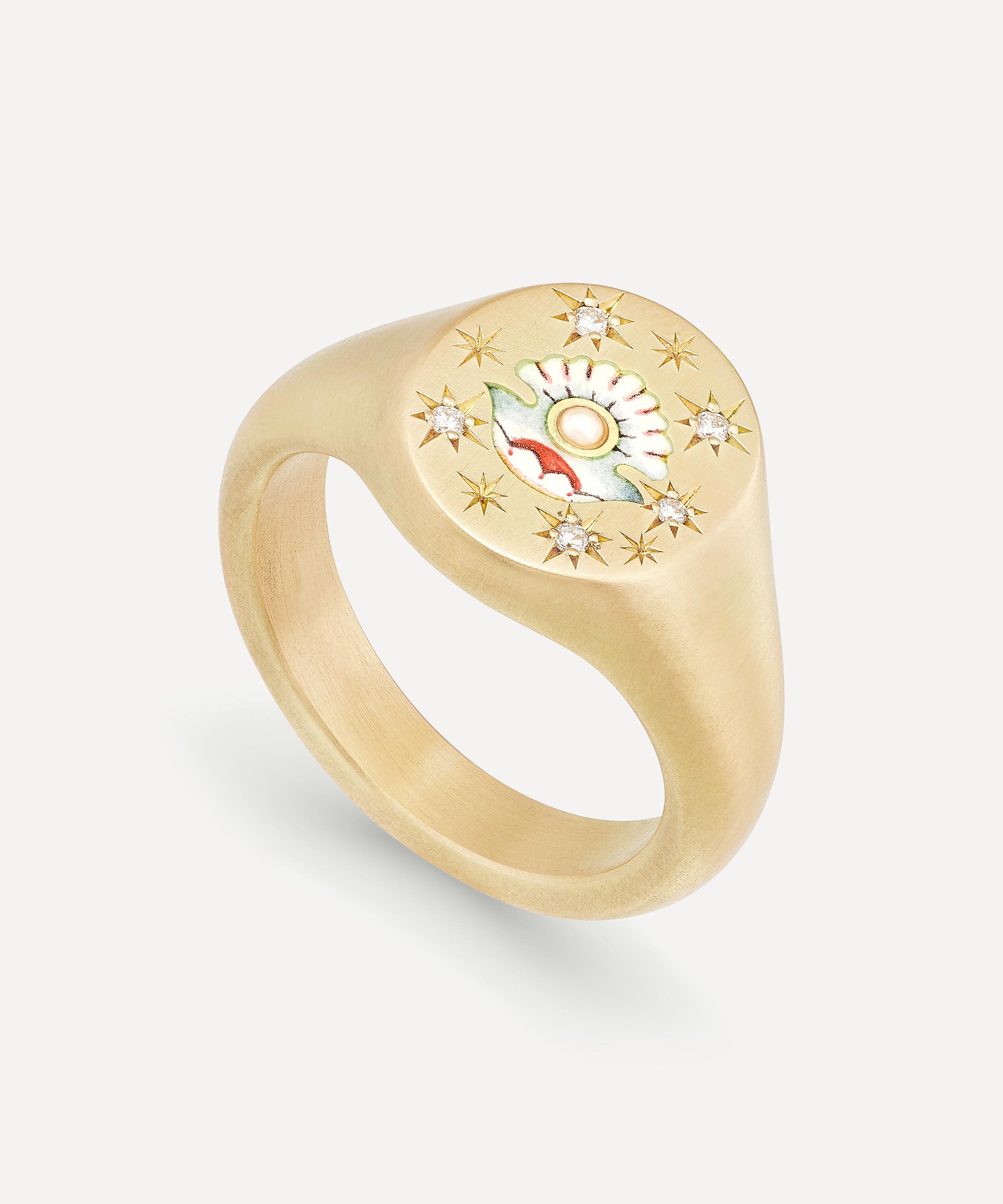 Cece Jewellery - 18ct Gold The Clam and Pearl Diamond Signet Ring image number 1