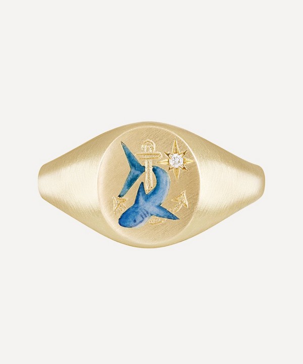 Cece Jewellery - 18ct Gold The Shark and Anchor Diamond Signet Ring