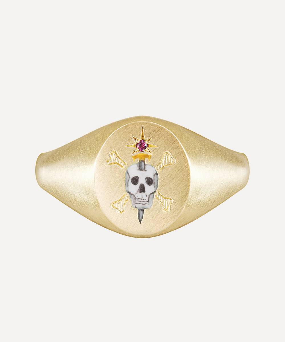 Cece Jewellery - 18ct Gold The Skull and Sword Ruby Signet Ring
