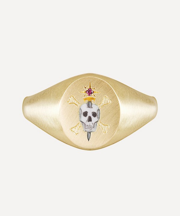 Cece Jewellery - 18ct Gold The Skull and Sword Ruby Signet Ring