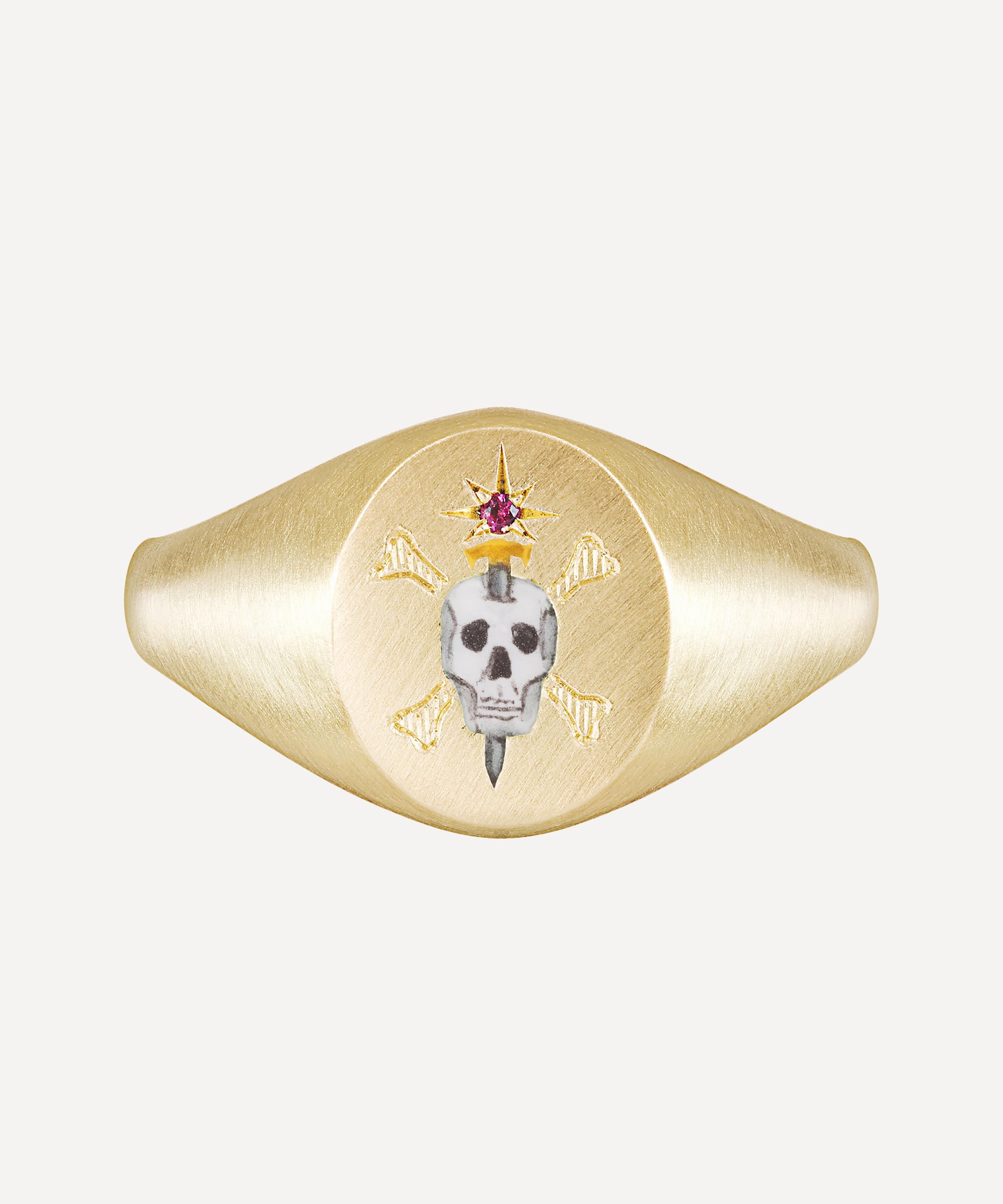 Cece Jewellery - 18ct Gold The Skull and Sword Ruby Signet Ring