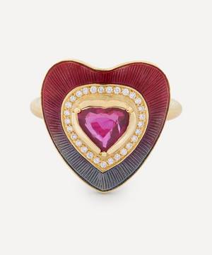 18ct Gold Ruby and Diamond Enamel Heart Ring