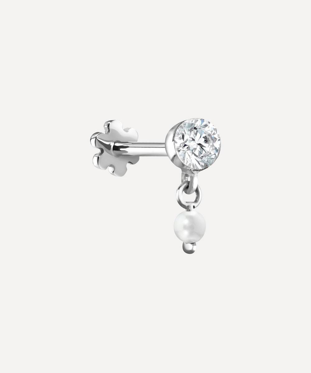 Maria Tash - 18ct 3mm Invisible Set Diamond and Pearl Dangle Single Threaded Stud Earring