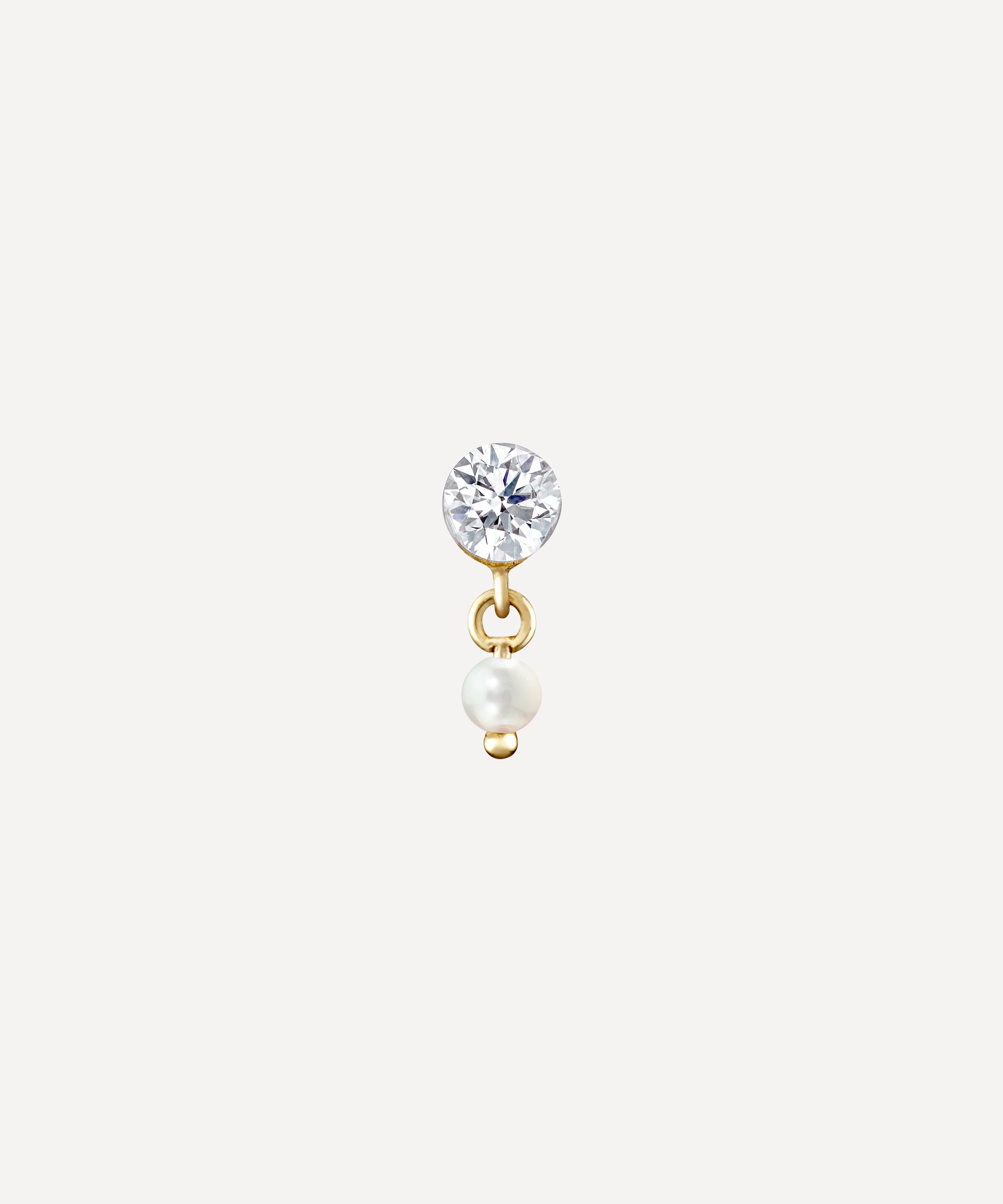 Maria Tash - 18ct 3mm Invisible Set Diamond and Pearl Dangle Threaded Stud Earring image number 2