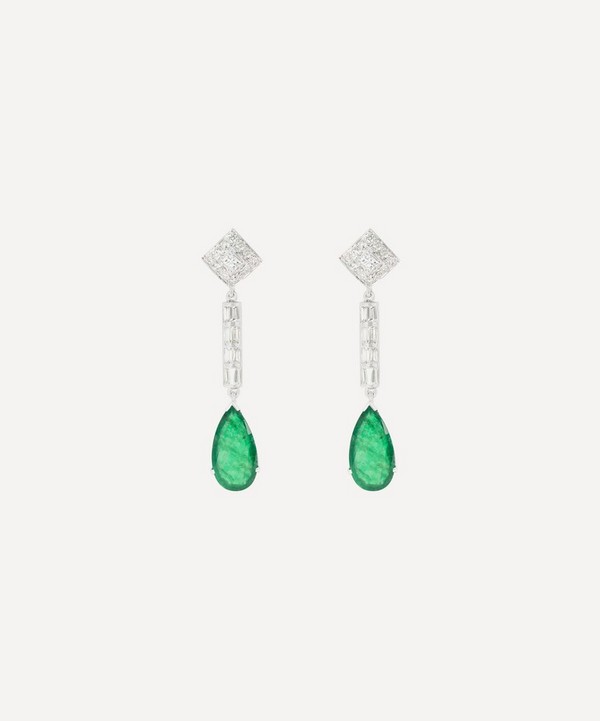 Kojis - 18ct White Gold Emerald and Diamond Drop Earrings image number null
