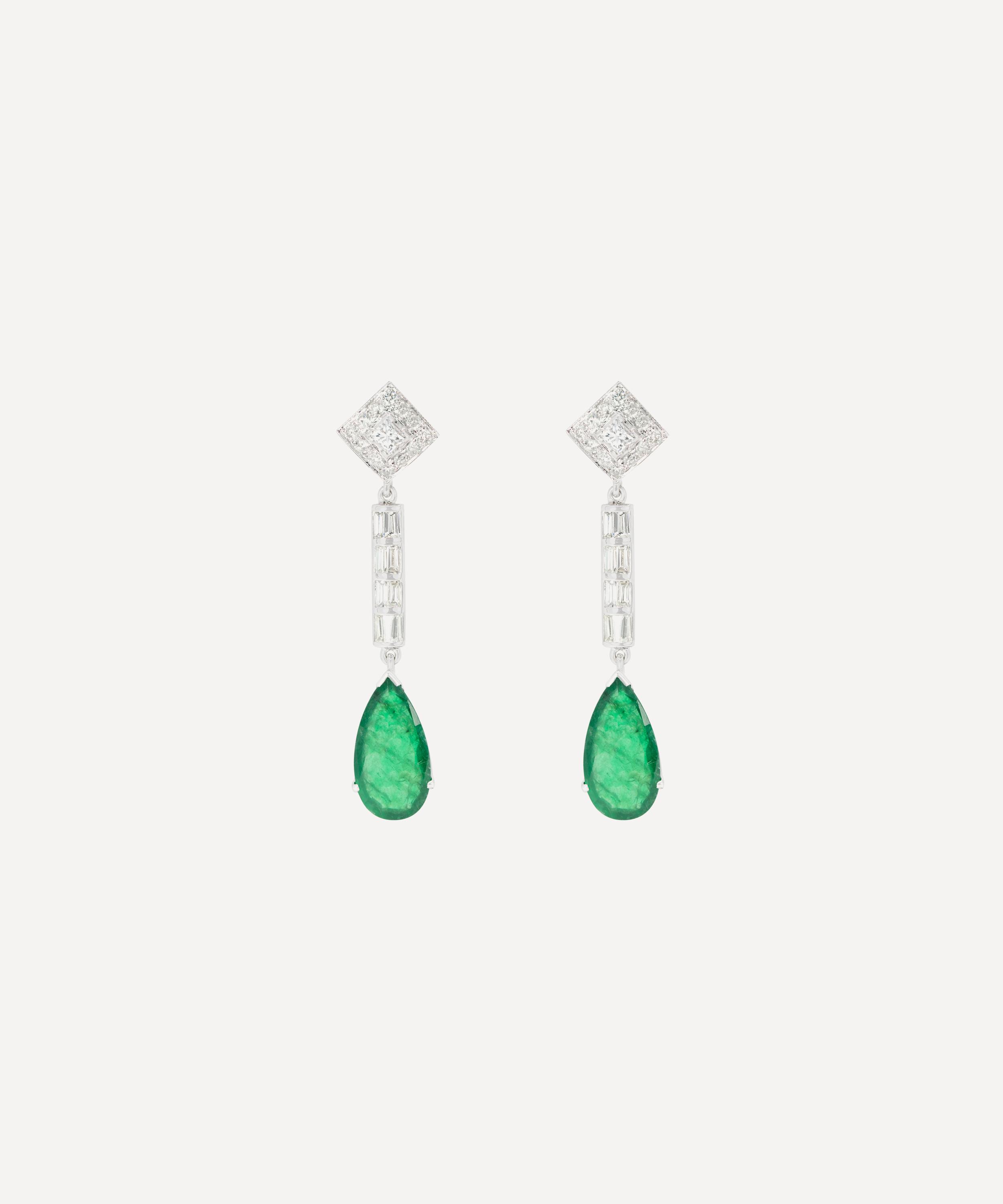Kojis - 18ct White Gold Emerald and Diamond Drop Earrings image number 0