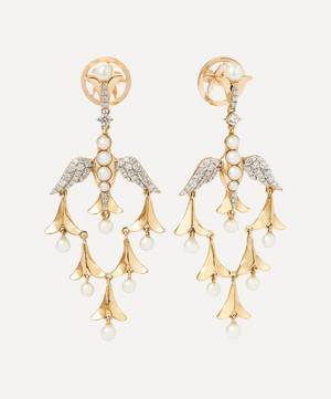 x Temperley 18ct Gold Pearl and Diamond Lovebirds Chandelier Earrings