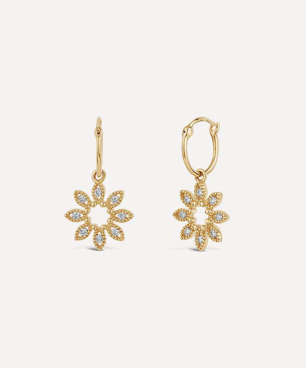 Dinny Hall 14ct Gold Diamond Jasmine Flower Drop Hoop Earrings | Liberty