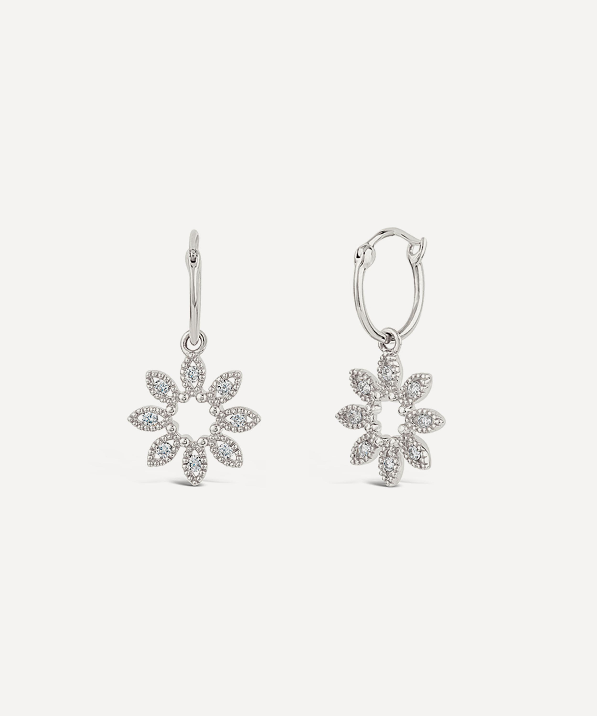 Dinny Hall - 14ct White Gold Diamond Jasmine Flower Drop Hoop Earrings