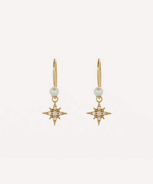 Mizuki - 14ct Gold Small Diamond Star and Pearl Drop Earrings image number null