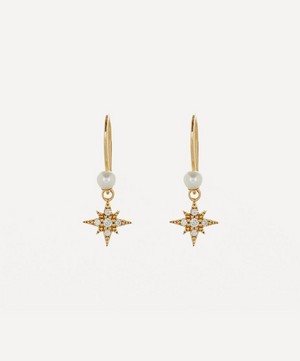Mizuki - 14ct Gold Small Diamond Star and Pearl Drop Earrings image number 0