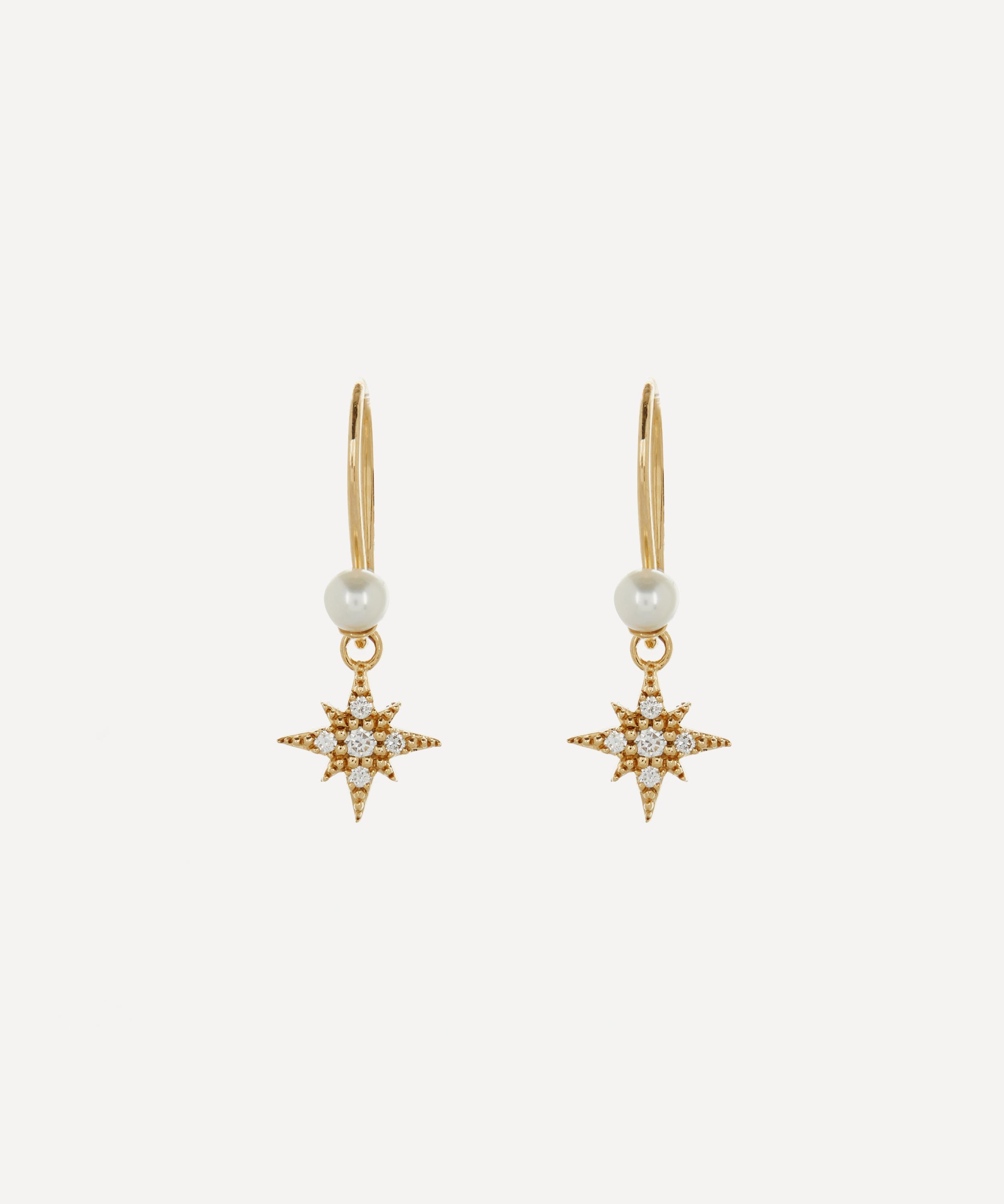 Mizuki 14ct Gold Small Diamond Star And Pearl Drop Earrings Liberty